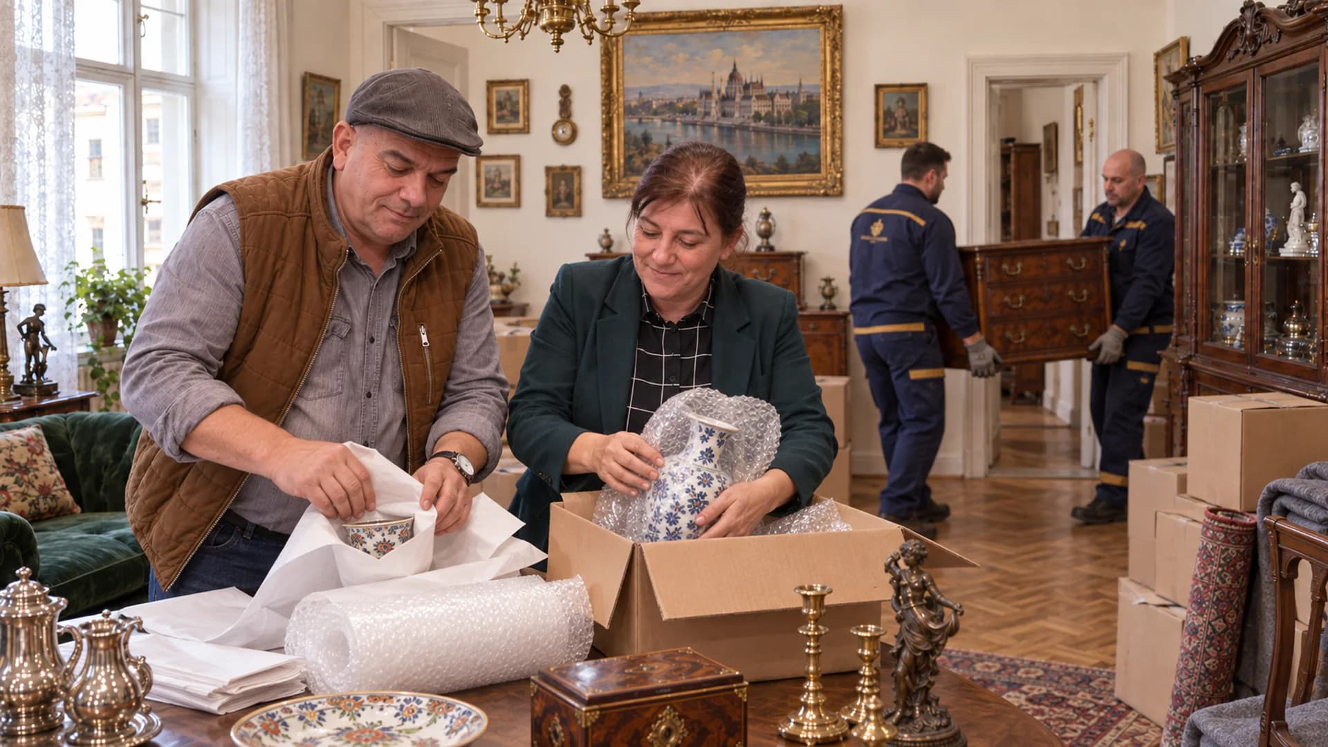 Régiségek gondos csomagolása lakáskiürítés közben