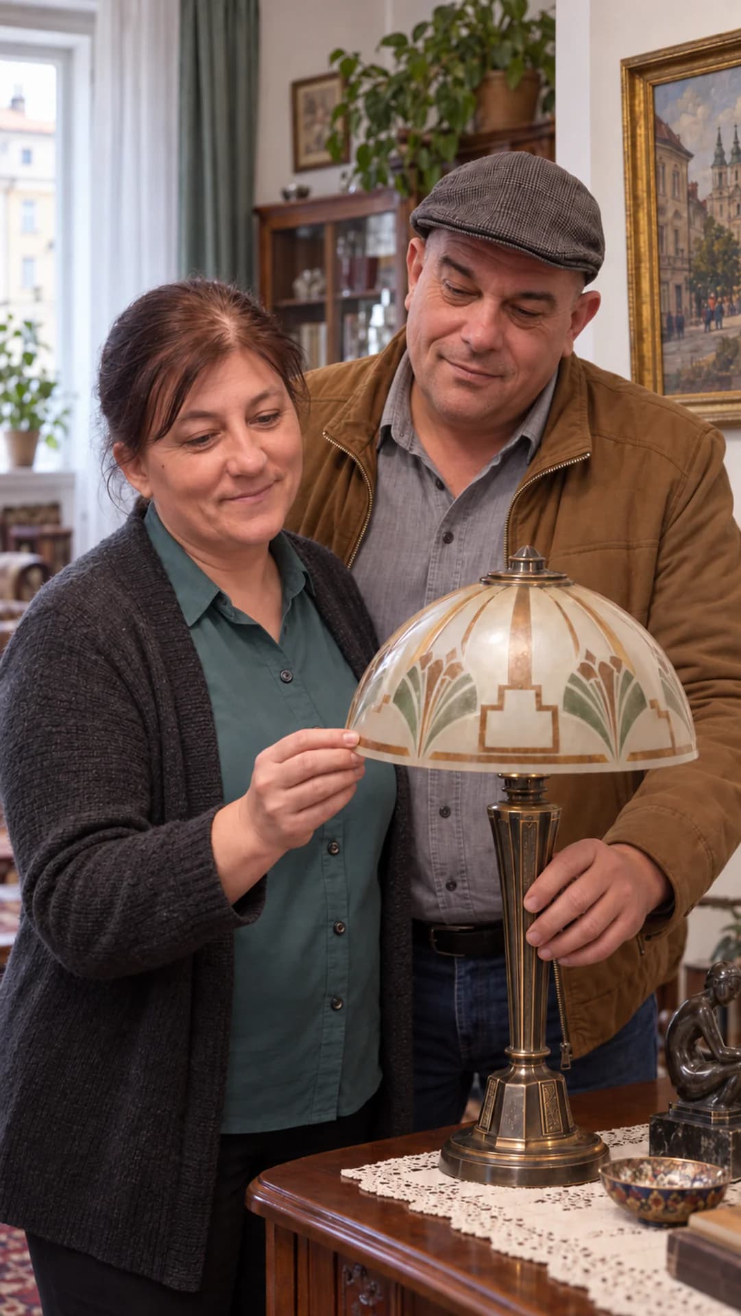 Régiségkereskedők egy art deco lámpával